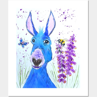 Silly Blue Donkey among Foxglove Posters and Art